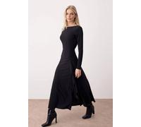 Wovcor Boat Neck Long Sleeve Maxi Knit Dress With Ruffle Detail In Black Black