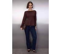 Wovcor Boat Neck Peplum Long Sleeve Knit Blouse In Brown Brown