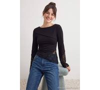 Wovcor Boat Neck Spanish Sleeve Lace Detail Fitted Blouse In Black Black