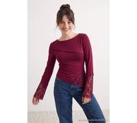 Wovcor Boat Neck Spanish Sleeve Lace Detail Fitted Blouse In Burgundy Burgundy