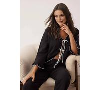 Wovcor Bow Tie Cotton Muslin Contrast Trim Long Sleeve Pyjama Set In Black Black