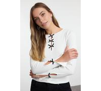 Wovcor Bow Tie Crew Neck Knit Blouse With Cut-Out Detail In White White
