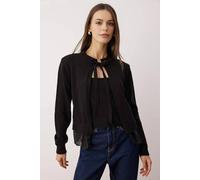 Wovcor Bow Tie Lace Edge Knitted Crop Top And Cardigan Set In Black Black