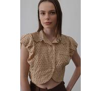 Wovcor Broderie Anglaise Lace Collar Cotton Cap Sleeve Crop Shirt In Stone Stone