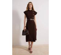 Wovcor Button Detail Belted High Neck Midi Dress In Brown Brown