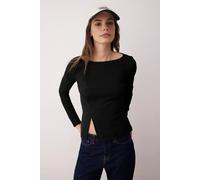 Wovcor Button Detail Crew Neck Ribbed Stretch Knit Blouse In Black Black