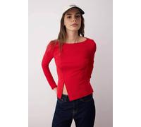 Wovcor Button Detail Crew Neck Ribbed Stretch Knit Blouse In Red Red M