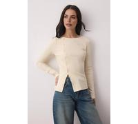 Wovcor Button Detail Crew Neck Ribbed Stretch Knit Blouse In Stone Stone XS