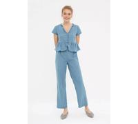 Wovcor Button Detail Peplum Short Sleeve Pyjama Trouser Set In Blue Blue