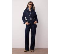 Wovcor Button Front Belted Wide Leg Denim Jumpsuit In Dark Blue Dark Blue