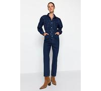 Wovcor Button Front Collared Balloon Sleeve Denim Boilersuit In Navy Navy