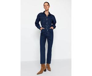 Wovcor Button Front Collared Balloon Sleeve Denim Boilersuit In Navy Navy