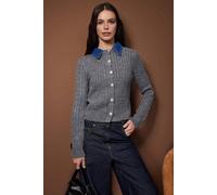 Wovcor Cable Knit Button Front Cardigan With Denim Collar Detail In Dark Grey Dark Grey