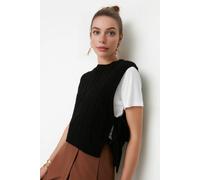 Wovcor Cable Knit Cropped Sweater Vest With Side Tie Detail In Black Black