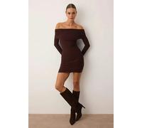WOVCOR Carmen Collar Bodycone Ribbed Mini Knit Dress - Dark Brown - M