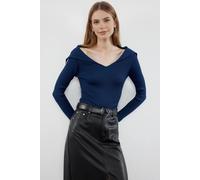 Wovcor Carmen Collar Knit Sweater Off-Shoulder Rib Knitted Jumper In Navy Navy S