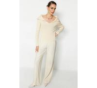 Wovcor Carmen Collar Knit Sweater Off-Shoulder Rib Knitted Jumper In Stone Stone