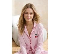 Wovcor Cherry Embroidered Contrast Piping Long Sleeve Knit Pyjama Set In Pink Pink