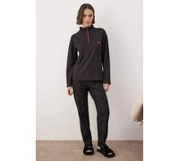 Wovcor Cherry Embroidered Zip Neck Long Sleeve Waffle Knit Pyjama Set In Black Black