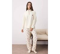 Wovcor Cherry Embroidered Zip Neck Long Sleeve Waffle Knit Pyjama Set In Ecru Ecru