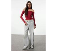 WOVCOR Choker Detailed Fitted Crop Ribbed Knit Blouse - Burgundy - XL