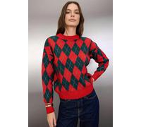 WOVCOR Christmas Themed Soft-Textured Glittery Argyle Knit Sweater - Red - L