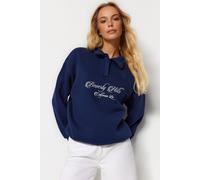 Wovcor Collared Embroidered Slogan Fleece Sweatshirt In Navy Navy