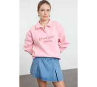 Wovcor Collared Embroidered Slogan Fleece Sweatshirt In Pink Pink