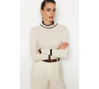 Wovcor Colour Block Rib-Knit Long Sleeve Sweater In Stone Stone