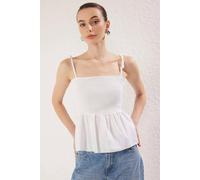 Wovcor Cotton Poplin Detail Fitted Strappy Knitted Blouse In Ecru Ecru