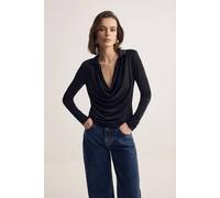 Wovcor Cowl Neck Collared Long Sleeve Draped Blouse Top In Black Black