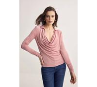 Wovcor Cowl Neck Collared Long Sleeve Draped Blouse Top In Dusty Pink Dusty Pink