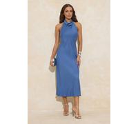 Wovcor Cowl Neck Halter Satin Sleeveless Midi Slip Dress In Blue Blue