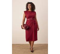Wovcor Crew Neck Belted Tailored Midi Dress In Burgundy Burgundy
