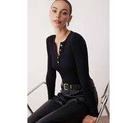 Wovcor Crew Neck Fitted Knit Blouse With Button Detail In Black Black