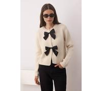 Wovcor Crew Neck Knit Cardigan With Ribbon Detail In Off White Off White