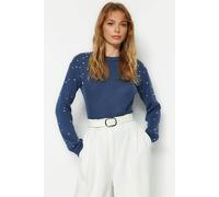 WOVCOR Crew Neck Knit Sweater with Pearl Details - Blue - M