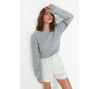 WOVCOR Crew Neck Knit Sweater with Pearl Details - Grey - S