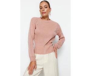 Wovcor Crew Neck Knit Sweater With Pearl Details In Pink Pink