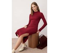 WOVCOR Crew Neck Midi Ribbed Stretch Knit Pencil Dress with Slit - Burgundy - M