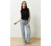 WOVCOR Crew Neck Woven Blouse with Gathering Detail - Black - 8