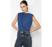 WOVCOR Crew Neck Woven Blouse with Gathering Detail - Navy - 8