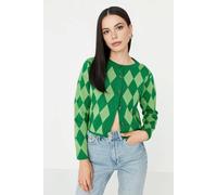 Wovcor Crop Argyle Ribbed Knit Cardigan With Button Front In Green Green M