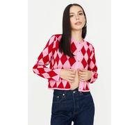 Wovcor Crop Argyle Ribbed Knit Cardigan With Button Front In Pink Pink S