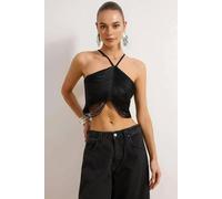 WOVCOR Crop Blouse with Tassel Detail - Black - 12