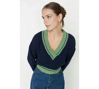 WOVCOR Crop Color Block Knit Sweater - Navy - M