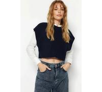 WOVCOR Crop Crew Neck Knit Sweater - Navy - S