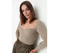 Wovcor Crop Knit Sweater With Sweetheart Neckline In Taupe Taupe