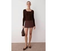 WOVCOR Crop Lace Garnish Square Neck Knit Cardigan - Brown - S