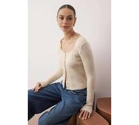 WOVCOR Crop Lace Garnish Square Neck Knit Cardigan - Stone - M